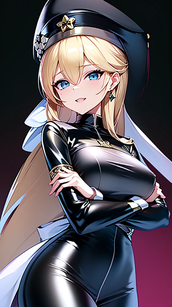 tall、Rosalina、Blonde、 adult、Married Woman、Shiny latex police uniform、Officer hat、邪evilな警官、Pink and black background,Suspicious laboratory、 evil, lure, excited, A condescending grin, Lightly open your mouth、Sexy pose