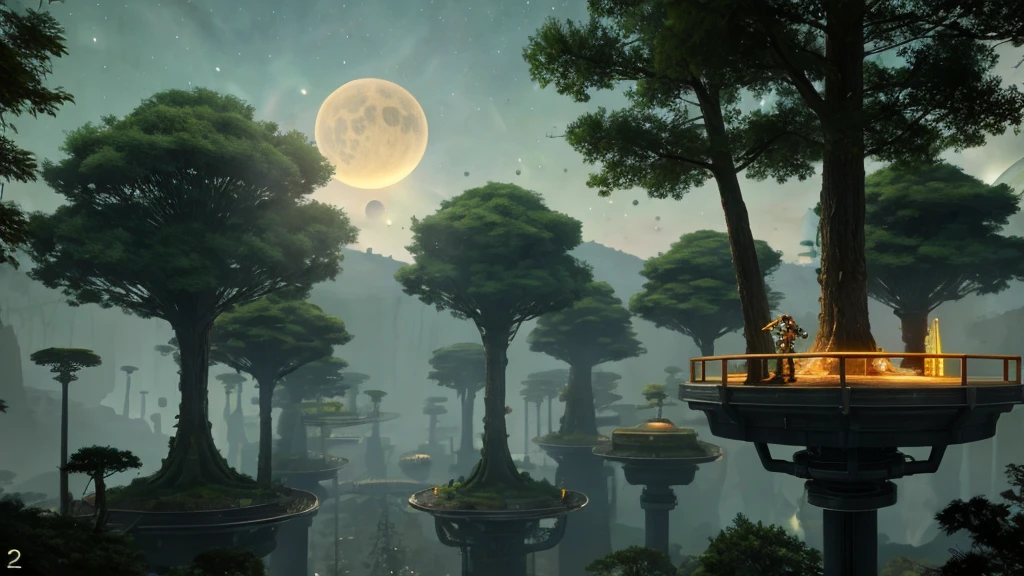 Create a highly detailed, side-scrolling video game environment set on an alien planet. The scene features a lush, futuristic forest with large trees growing on elevated platforms made of metal and stone. The platforms have a mechanical, industrial design with glowing lights integrated into them. In the background, there's a view of towering alien structures and a distant planet with multiple moons visible in the starry night sky. The overall mood is a mix of natural beauty and advanced technology, with two small characters in battle-ready stances on the main platform.