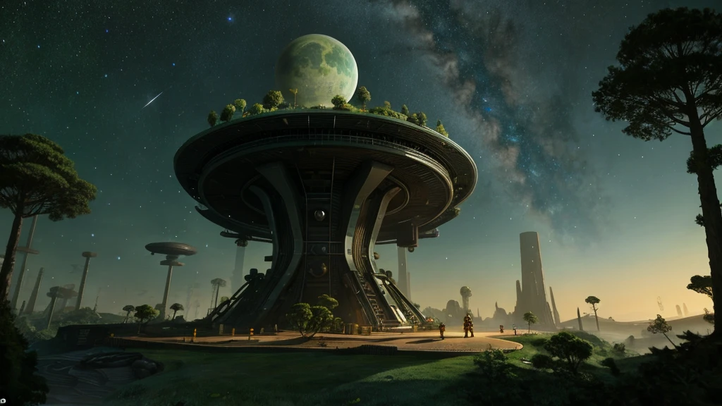Create a highly detailed, side-scrolling video game environment set on an alien planet. The scene features a lush, futuristic forest with large trees growing on elevated platforms made of metal and stone. The platforms have a mechanical, industrial design with glowing lights integrated into them. In the background, there's a view of towering alien structures and a distant planet with multiple moons visible in the starry night sky. The overall mood is a mix of natural beauty and advanced technology, with two small characters in battle-ready stances on the main platform.