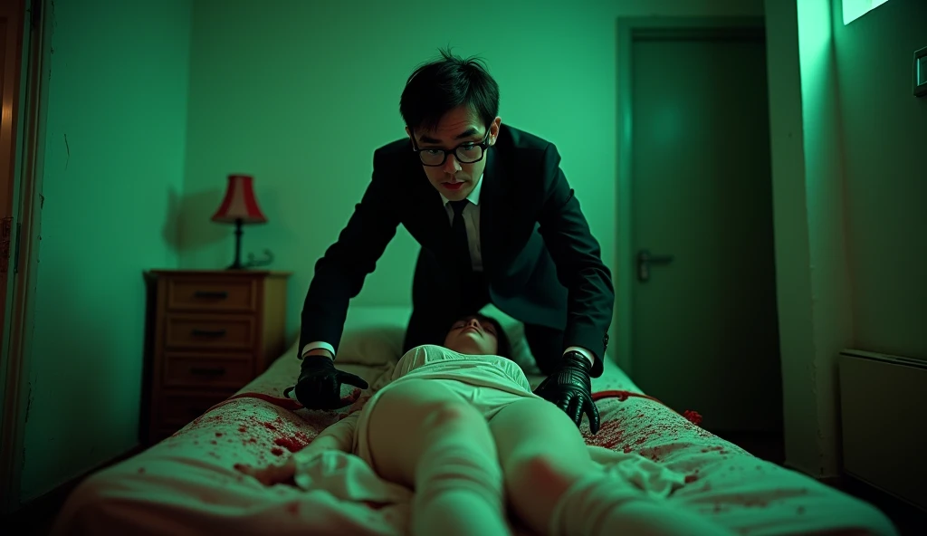 Italian crime film, horror, giallo scene, nerdy killer, man, black glasses, black gloves, butcher knife, girl tied up on bed, blood spatter, dirty hotel room, cinematic lighting, , Realism, Luminism, cinematic lighting, Eye-Level Shot, Ultra-Wide Angle, high details, award winning, best quality, 16k, ccurate, retina, UHD, textured skin, super detail, luric vivid colors, soft green back lighting, blood, fear, retro aesthetic, Dario Argento style, Mario Bava style, Fumetti, horror comic book aesthetic