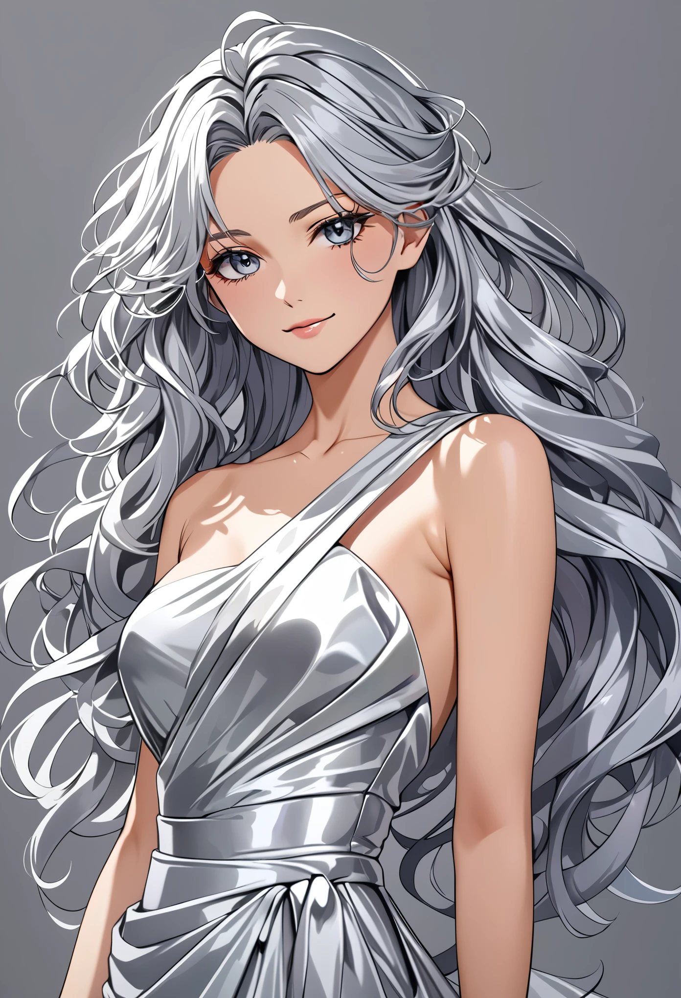 (masterpiece), (high resolution, 8k), (high detailed), women, lean body, (long waist length wavy messy hair(silver colored)), beautiful face, (close mouth:1.2), tired smile, chromatic colored one shoulder sexy dress (draped), anime style, unaestheticXL_bp5, SimplePositiveXLv2