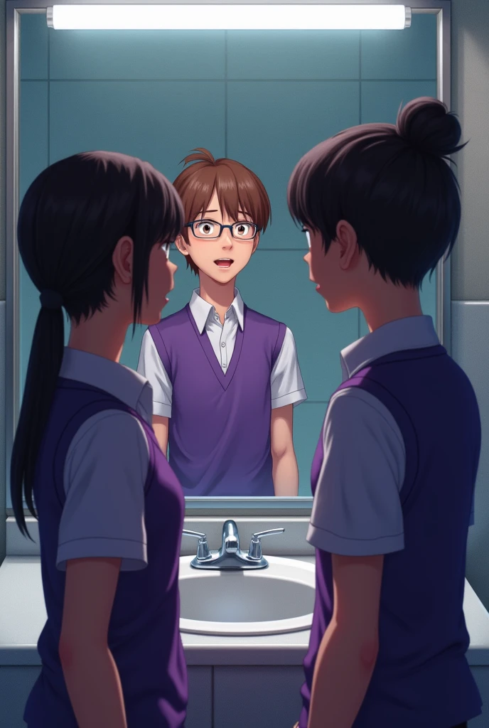 I need a brown-haired boy with glasses, purple button-down shirt and a purple vest in a bathroom looking in the mirror and in the reflection you see a dark-haired girl with a high ponytail and a short purple shirt. The two stare at each other with concern. 