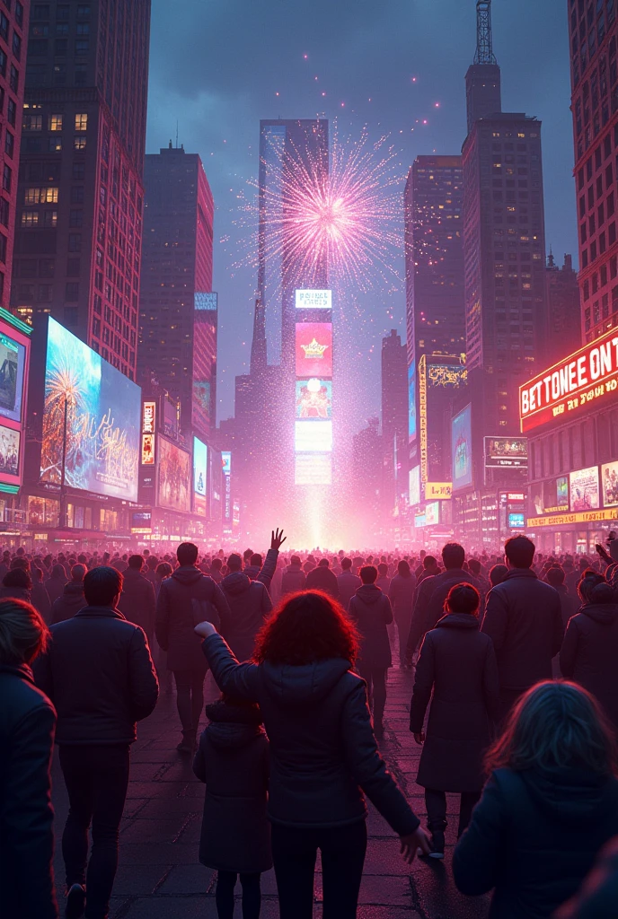 Generate a image of new year celebrations in the city, generate the image so many ppl are gathered at an new year party.. And show the count down for the new year