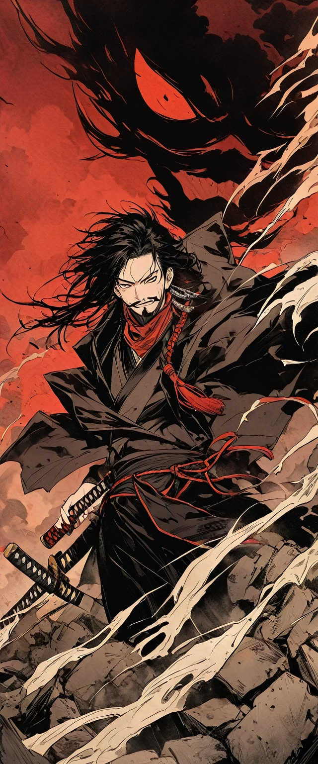 Scarlet Silk Ronin Costume。A world of thick fog,White silver grass field。Earrings。Close up on face。Dark Eyes。clothes are blowing in the wind。Grin。Katana on the waist。Stylish pose。Mustache。Beard。Messy long black hair。 A thin young ronin stands on the rubble。alone。Spooky atmosphere。Japan。Red Sky。Chiaroscuro,