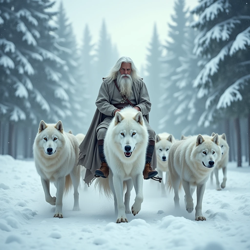 A white-haired man riding a huge white wolf，Leading a pack of wolves through a snow-covered forest，Epic movie scene