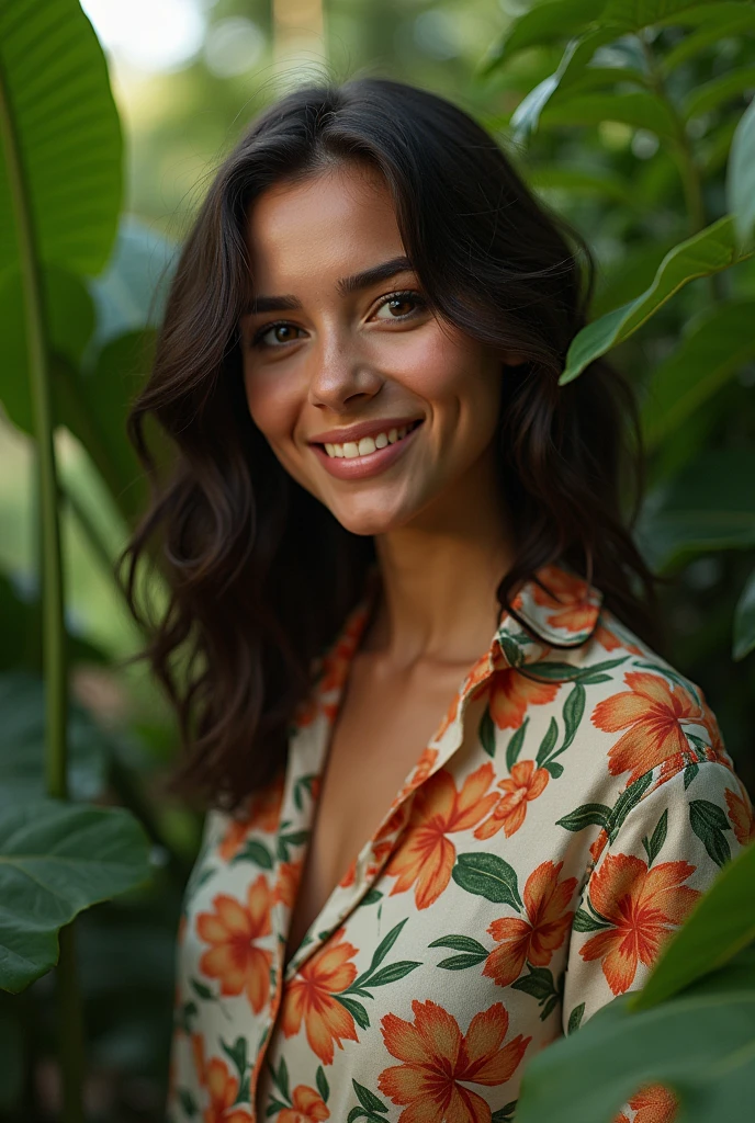 A Brazilian woman in a lush tropical garden, wearing an open shirt with a floral print, with a close-up capturing the harmonious beauty between her breasts and the natural flowers, showing off your natural charm and outgoing personality.