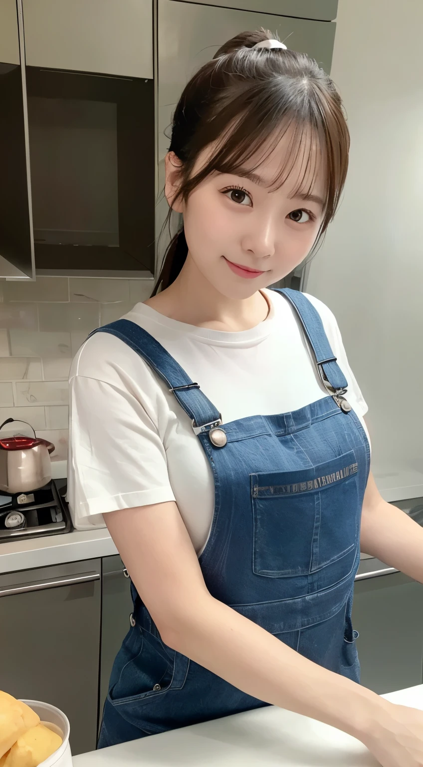 A woman who cooks、(Kitchen_overalls:1.Wear 3)、4K、A high resolution、tmasterpiece、top-quality、((hasselblad photograph))、Fine skin、sharp focus、(lighting like a movie)、Soft lighting、overhead shot、[:(Detailed face:1.2):0.2]、Medium chest、sweat pouring down the skin:1.2、(((In the kitchen))) A smile　Viewer's perspective　huge tit　Ponytail
