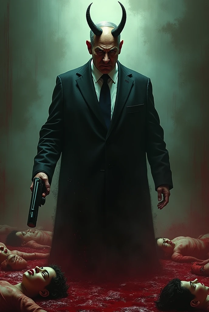 Evil Benjamin Netanyahu in his head he has evil horn killing little children and every where blood using gun