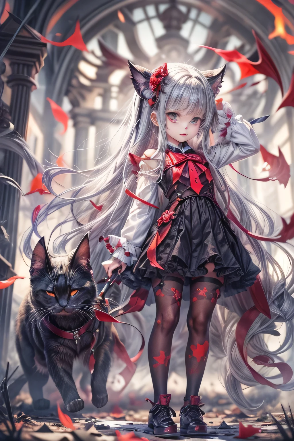 8k.Half Russian and half Japanese、Russian face、beautiful girl、princess、、Small face、Young face、Big eyes、Skinny、Small breasts、(((Silver Hair、Silver Hair)))、With bangs、(((High resolution big beautiful light blue eyes, )))、Long Straight、(((Red ribbon in hair、Floral decoration)))、Partially braided、Japanese school uniform、Gray school uniform、Red bow tie、A girl surrounded by fantastic red flames,(Girl with big bat wings)、2 people、twins、ヴァンパイアのprincess、(Sharp Fangs)(Blood dripping from fangs)、Red flame aura all over the body、((Destroyed Cross))、Open coffin、Control countless red balls of fire、、Halloween Costumes, Pointy hat、Decorated pumpkins with intricate haunted house motifs.black magic、magic circle、((Illuminated shadow of a bat on a cloud))、Old clock tower、fantasy landscape、A red light emanates from her chest and spreads through her veins、Red Flame Fantasy、Halloween Master、(((A glowing red cat with bat wings)))、2Animals、Swarm of bats、central、god々Successfully、Bloody、Horror