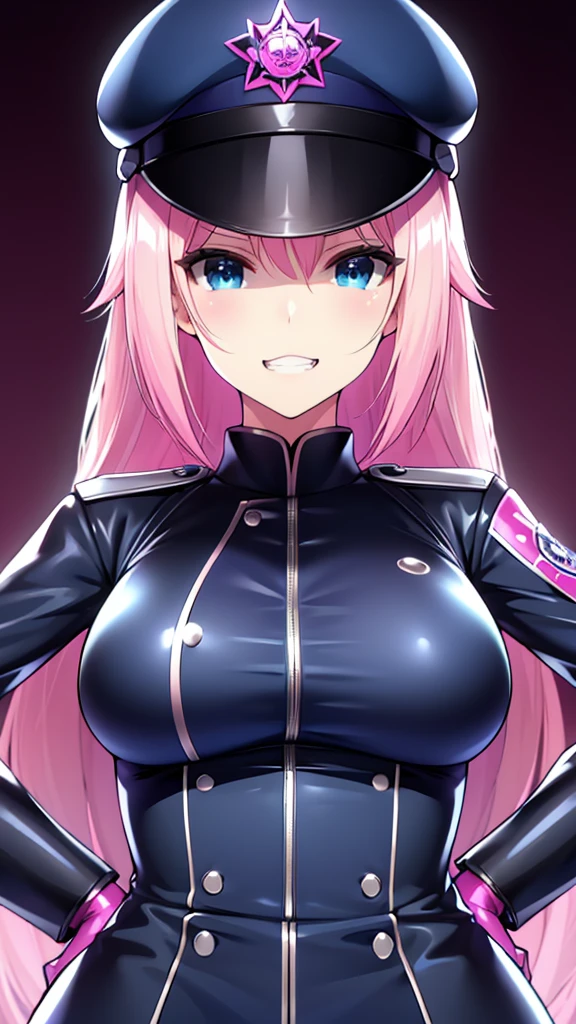 tall、 adult、Married Woman、Shiny latex police uniform、Officer hat、邪evilな警官、Pink and black background,  evil, lure, excited, A condescending grin, Lightly open your mouth、Sexy pose, Upper Body,