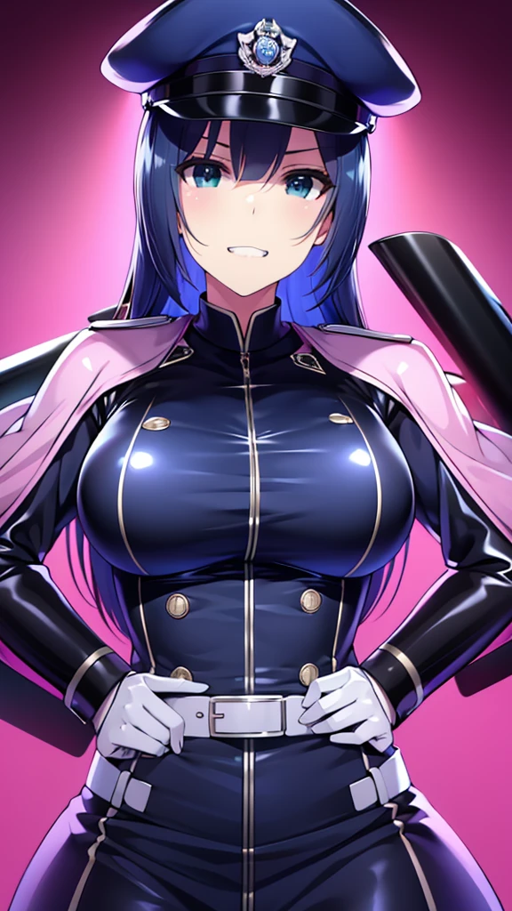 tall、 adult、Married Woman、Shiny latex police uniform、Officer hat、邪evilな警官、Pink and black background,  evil, lure, excited, A condescending grin, Lightly open your mouth、Sexy pose, Upper Body,