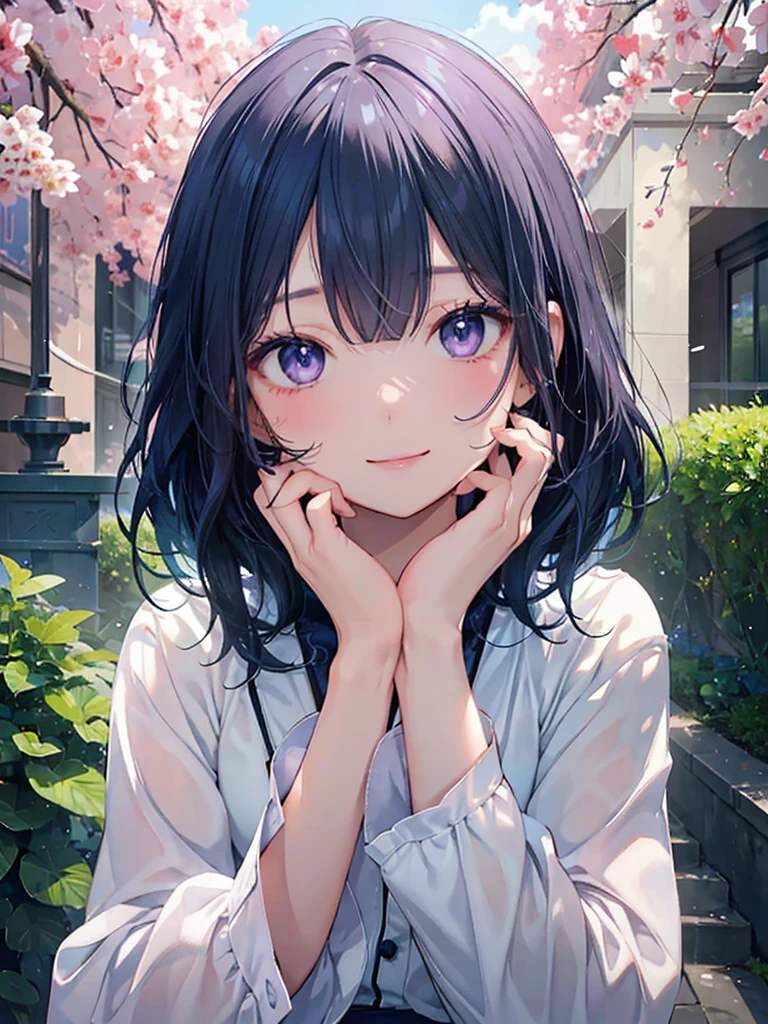 masterpiece、Highest quality、High resolution、High-quality images、8k, 1 female、Skin Radiance、Texture of skin and clothing、Expression of fine eyes、realism, detailed manga style, Manga art style, Perfect line drawing, Beautiful line art, digital manga art girl, Fuller lips, Gorgeous face with attention to detail, (smile), charm, Innocent, Side view, (Perfectly detailed face), (Beautiful Hands) Photorealistic images, Written boundary depth、Navy Blue Hair、Purple eyes、High resolution、vision、Shortcuts、amount、Trim your bangs、Bob、Slanted Eyes、、alone、whole body、garden、Light、Short bangs、