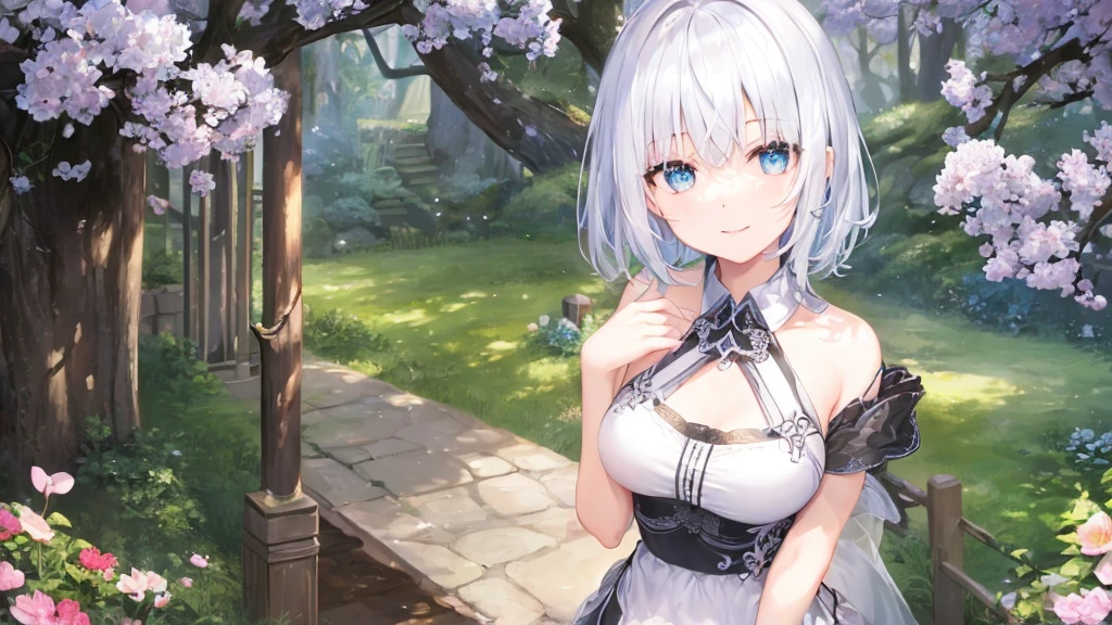 Ultra HD,Look at the viewers, Place your hands behind your back, and, 20-year-old, 非常にshort hair, Long bangs between the eyes, Pale blue eyes, Very detailed,(masterpiece、Highest quality),Gray Hair、Laughter、wonderful, Silver Hair, iris, short hair、 Fluttering Hair、Small face、明るいsmile、(Detailed face) ,Professional Lighting,wonderful風景,blue sky, sunlight,Looking down from above,Portraiture、Open your mouth、Flower Field、Her eyes were shining、Mysterious and enchanting atmosphere。With AI Painting、andてもshort hair, Long bangs between the eyes, Very detailed,(masterpiece、Highest quality)、alone、Gray Hair、Fantasy, Silver Hair, Fantasyな風景、smile、Open your mouth、short hair、short hair、hairpin、black eye、Grey Eyes、Beautiful Eyes、Black Shirt、White hoodie