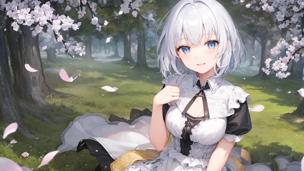 Ultra HD,Look at the viewers, Place your hands behind your back, and, 20-year-old, 非常にshort hair, Long bangs between the eyes, Pale blue eyes, Very detailed,(masterpiece、Highest quality),Gray Hair、Laughter、wonderful, Silver Hair, iris, short hair、 Fluttering Hair、Small face、明るいsmile、(Detailed face) ,Professional Lighting,wonderful風景,blue sky, sunlight,Looking down from above,Portraiture、Open your mouth、Flower Field、Her eyes were shining、Mysterious and enchanting atmosphere。With AI Painting、andてもshort hair, Long bangs between the eyes, Very detailed,(masterpiece、Highest quality)、alone、Gray Hair、Fantasy, Silver Hair, Fantasyな風景、smile、Open your mouth、short hair、short hair、hairpin、black eye、Grey Eyes、Beautiful Eyes、Black Shirt、White hoodie