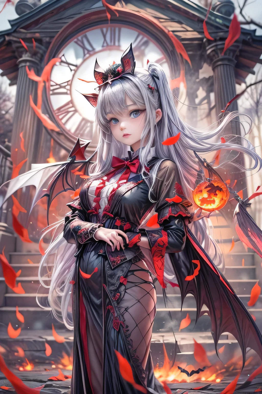 8k.Half Russian and half Japanese、Russian face、beautiful girl、princess、、Small face、Young face、Big eyes、Skinny、Small breasts、(((Silver Hair、Silver Hair)))、With bangs、(((High resolution big beautiful light blue eyes, )))、Long Straight、(((Red ribbon in hair、Floral decoration)))、Partially braided、Japanese school uniform、Gray school uniform、Red bow tie、A girl surrounded by fantastic red flames,(Girl with big bat wings)、2 people、twins、ヴァンパイアのprincess、(Sharp Fangs)(Blood dripping from fangs)、Red flame aura all over the body、((Destroyed Cross))、Open coffin、Control countless red balls of fire、、Halloween Costumes, Pointy hat、Decorated pumpkins with intricate haunted house motifs.black magic、magic circle、((Illuminated shadow of a bat on a cloud))、Old clock tower、fantasy landscape、A red light emanates from her chest and spreads through her veins、Red Flame Fantasy、Halloween Master、(((A glowing red cat with bat wings)))、2Animals、Swarm of bats、central、god々Successfully、Bloody、Horror
