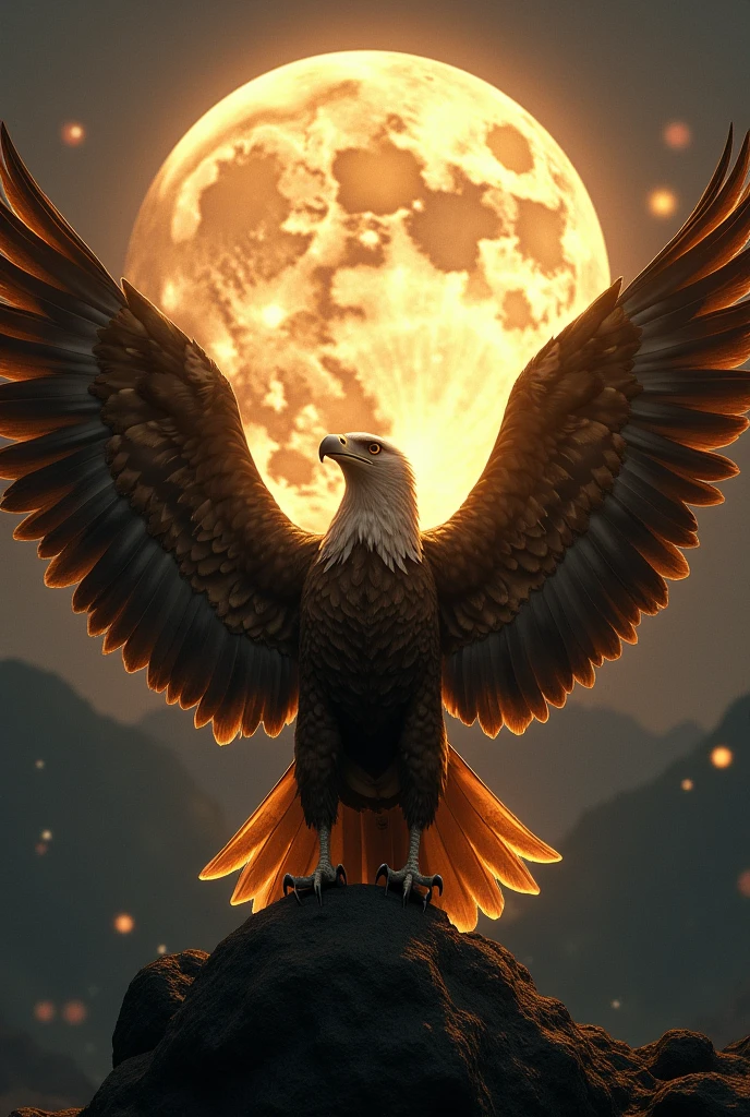 Aigle doré majestueux avec de jolies plumes ttes simples et déployant des ailes, de tel sorte que la lune reste pile au milieu de ses ailes et qu'elle soit tte   entre ses ailes là
J'insiste sur la dernière partie
C'est important pour moi 