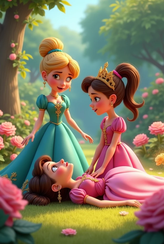 Cartoon image. 2 princesses in a royal flower garden. One priprincess fainted on the floor. Other princess crying. Gold shinny rose flower drooped near to them.