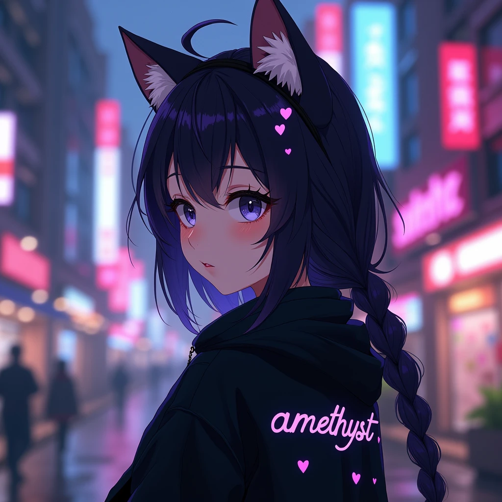 anime girl is wearing black aesthetic jacket, with cat ears and with a text "amethyst" at 
the back of his clothe, in citylights 
background