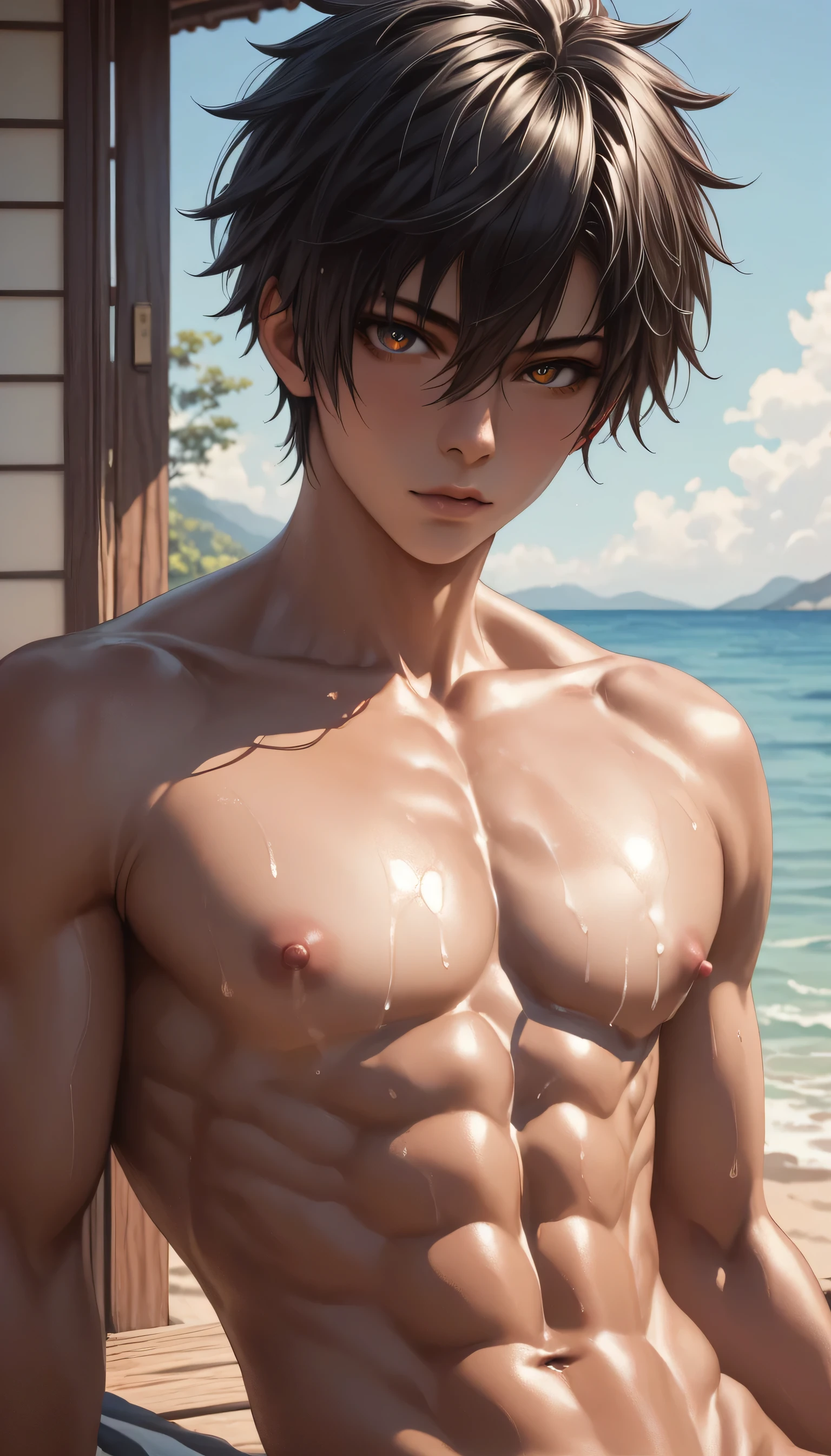 high quality, flexing, (dark skin japanese  boy), (detailed black eyes), (black short hair), (muscle), (naked), (dark shiny skin), (detailed puffy nipples), (penis), looking at viewer, candle, beach, (smirk:0.8),