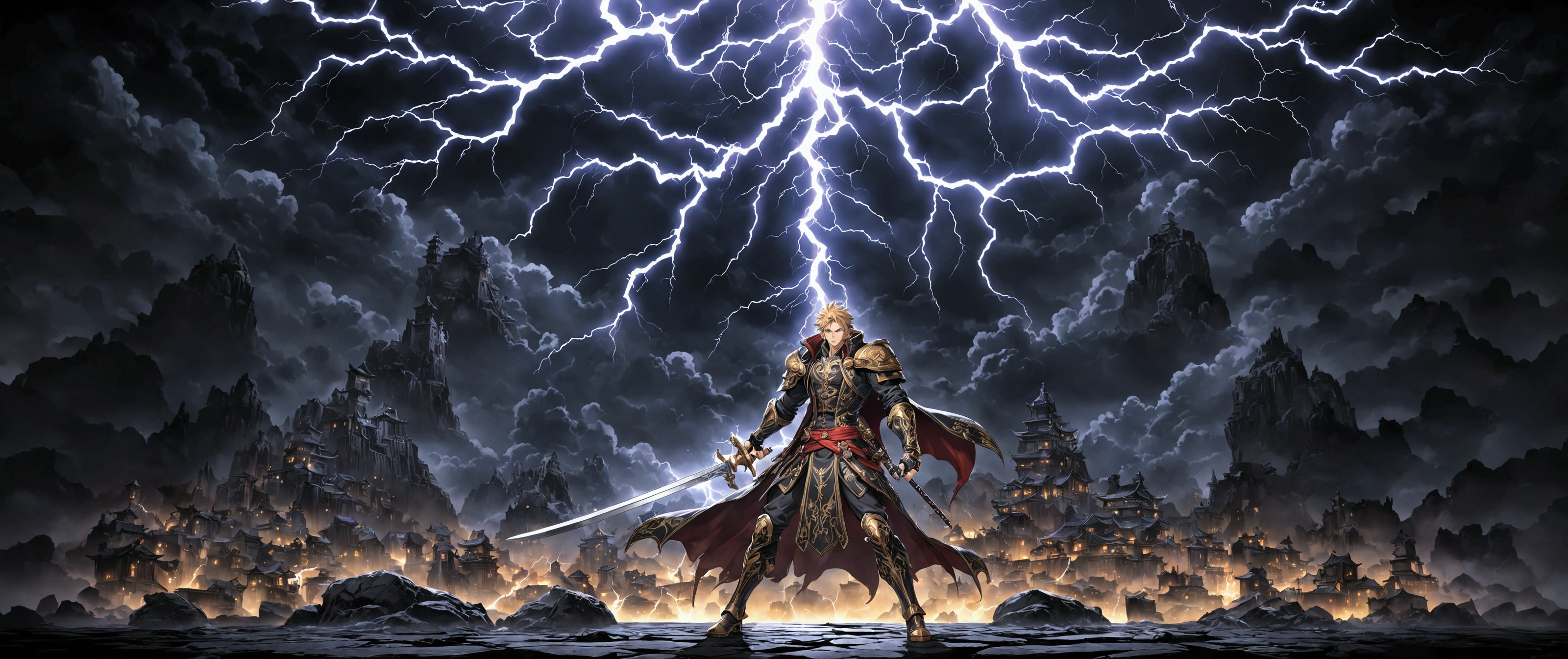 anime character with sword and lightning in front of a dark background, key art, album art, official artwork, game art, 8k high quality detailed art, promo art, high detailed official artwork, artbook artwork, mobile game art, art cover, full art, cg art, box art, concept arts, official splash art, concept art, concept art