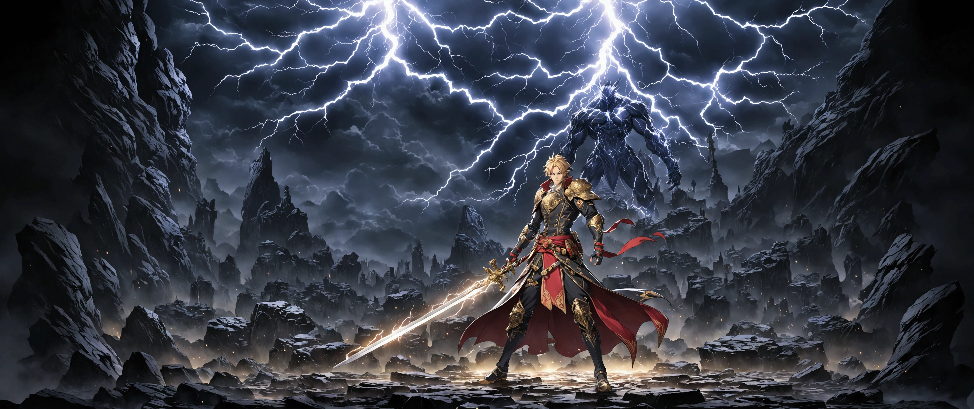 anime character with sword and lightning in front of a dark background, key art, album art, official artwork, game art, 8k high quality detailed art, promo art, high detailed official artwork, artbook artwork, mobile game art, art cover, full art, cg art, box art, concept arts, official splash art, concept art, concept art