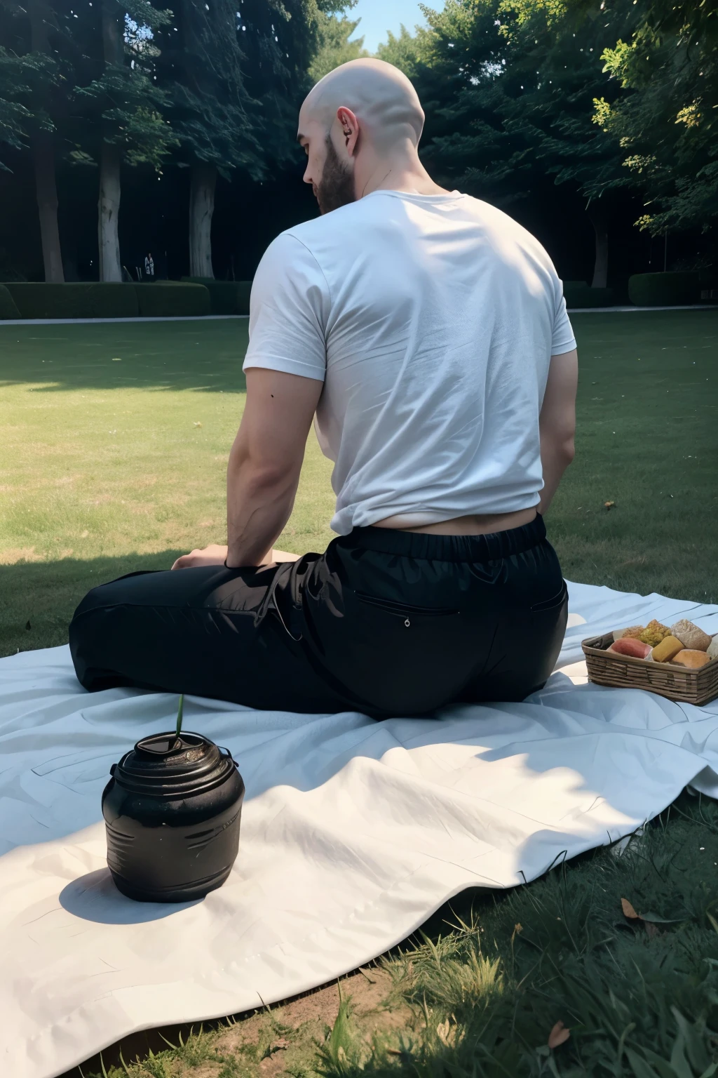create a realistic photo of a man from behind, that does not show the face, This man is white, bald with shaved head, he is tall and a little fat, not a lot, and wears a black t-shirt and dark green pants with white and black sneakers, and is sitting having a picnic on a lawn in the garden of the Palace of Versailles.