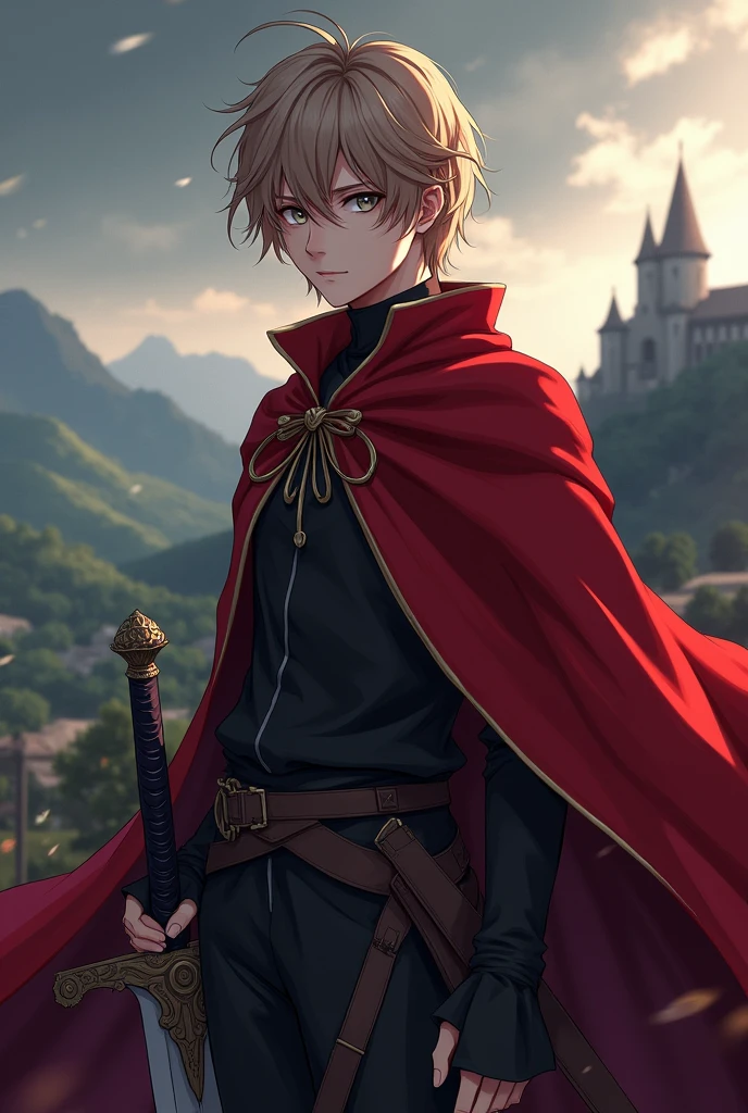 Create a Teenage Medieval Anime Character, he has a red cape and a sword, his hair is light brown and long, and the eyes are gray,