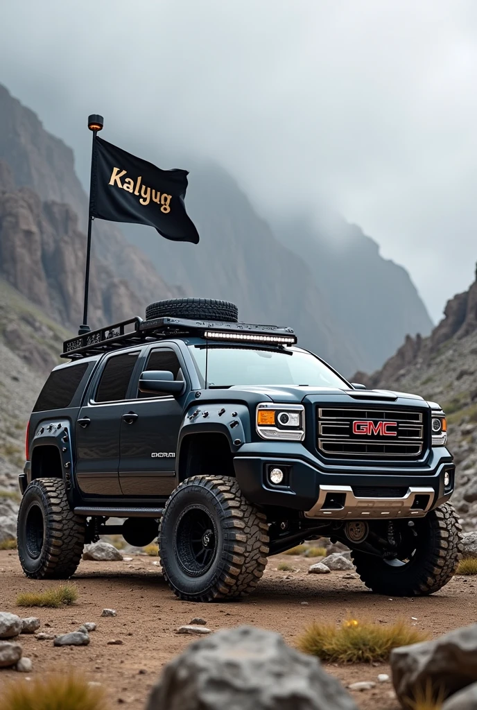 Modified Gmc Sierra denali with offroad kit and kalyug is written on flag rod at bonnat