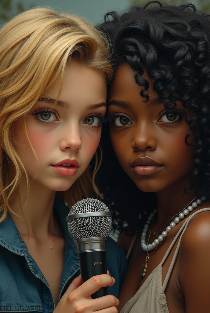 Masterpiece, best quality, 1 couple,boy golden hair, girl black hair, girl hold mic , boy hold gun, detailed face, detailed eyes, beautiful eyes