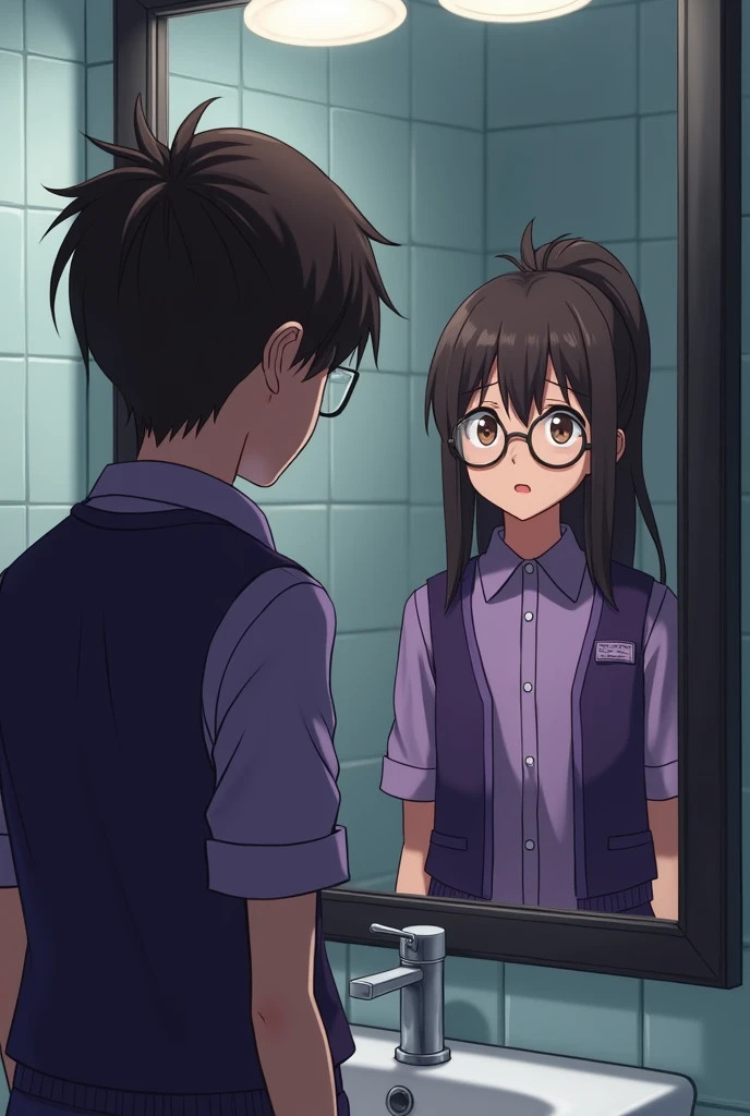 I need a brown-haired boy with glasses, purple button-down shirt and a purple vest in a bathroom looking in the mirror and in the reflection you see a dark-haired girl with a high ponytail and a short purple shirt. The two stare at each other with concern. 