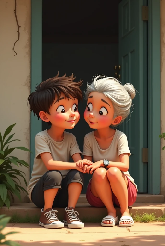 a young boy and grandmother, duduk minum bersama di depan rumah. A detailed scene featuring a young boy. The boy has short, slightly messy dark brown hair and large, expressive eyes with a thoughtful yet determined expression. He wears slightly wrinkled t-shirt, black knee-length shorts, and brown sneakers. On his wrist is a simple watch. A detailed scene featuring a grandmother, white shoes.