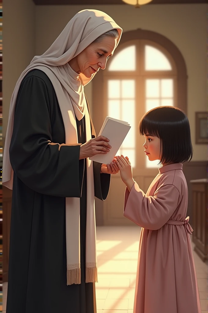 A church mother gives 3 paper to a small girl