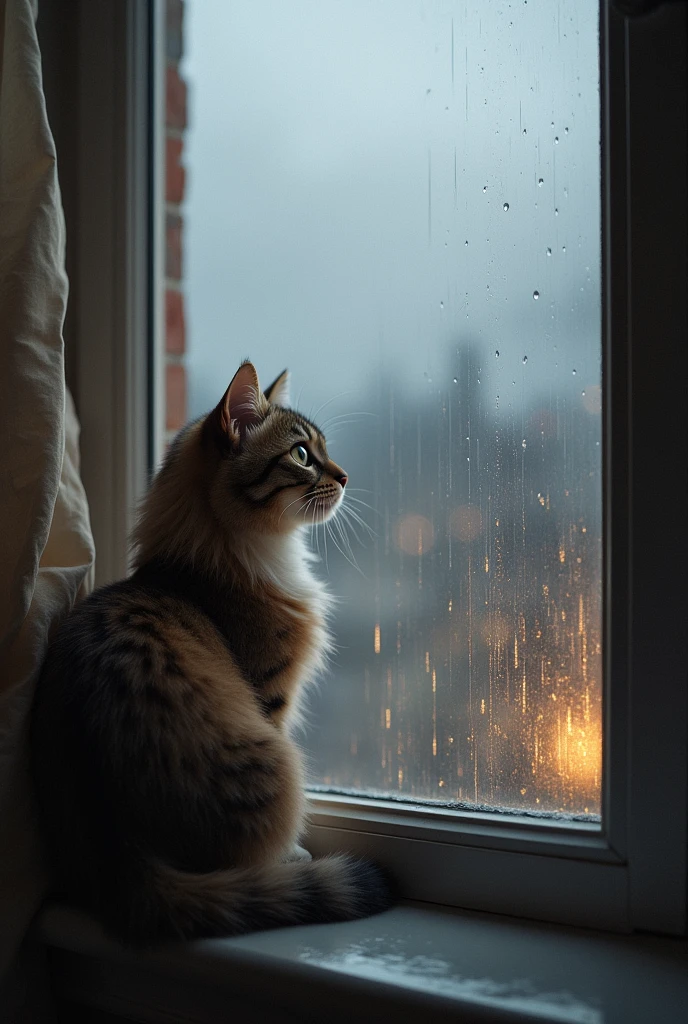 Cat looking out at the window while raining outside of the house
