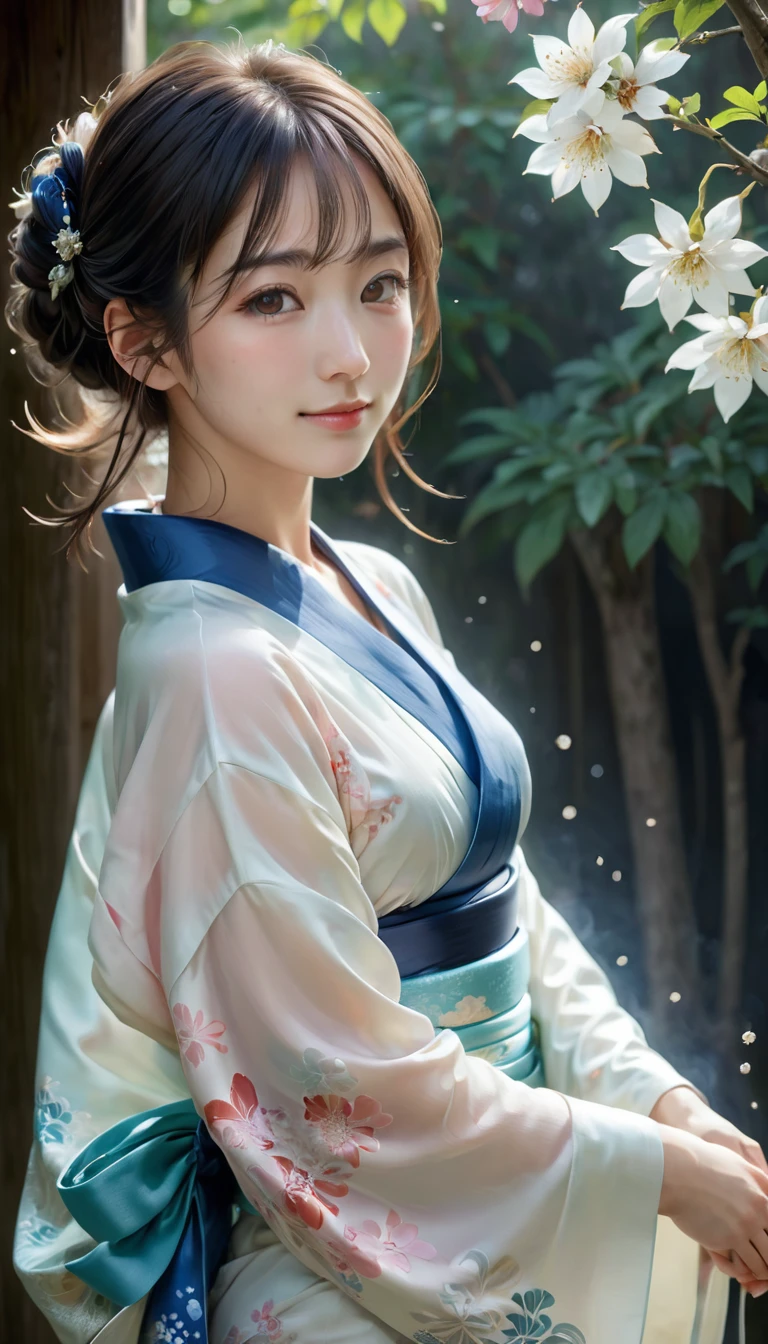8k resolution, masterpiece, Highest quality, Award-winning works, unrealistic, SFW, elegant, Very detailed, Digital Painting, artステーション, コンセプトart, Smooth, Sharp focus, shape, artジャム、Greg Rutkowski、Alphonse Mucha、William Adolphe Bouguereau、art:Stephanie Law , , Royal Jewel, , Full Shot, Symmetric, Greg Rutkowski, Charlie Bowwater, beep, Unreal 5, Surreal, Dynamic Lighting, ファンタジーart, Complex色, Gion, Kyoto, Numerous fireflies, (((fire works))), milky way, shooting stars, Small face, Very delicate look, , Delicate facial depiction, Delicate eye depiction, Upper body close-up, Alluring, erotic, dynamic sexy pose, sole sexy girl, healthy body, Age 22, , , ,, doaxvv_Marie Rose, geisha, height: 160cm, slender, small chest, Very long wavy blonde hair, Twin tails, Glowing Skin, Sweat, Smiling at the camera, look up, Invincible laughter, Complex, traditional Japanese see-through yukata,