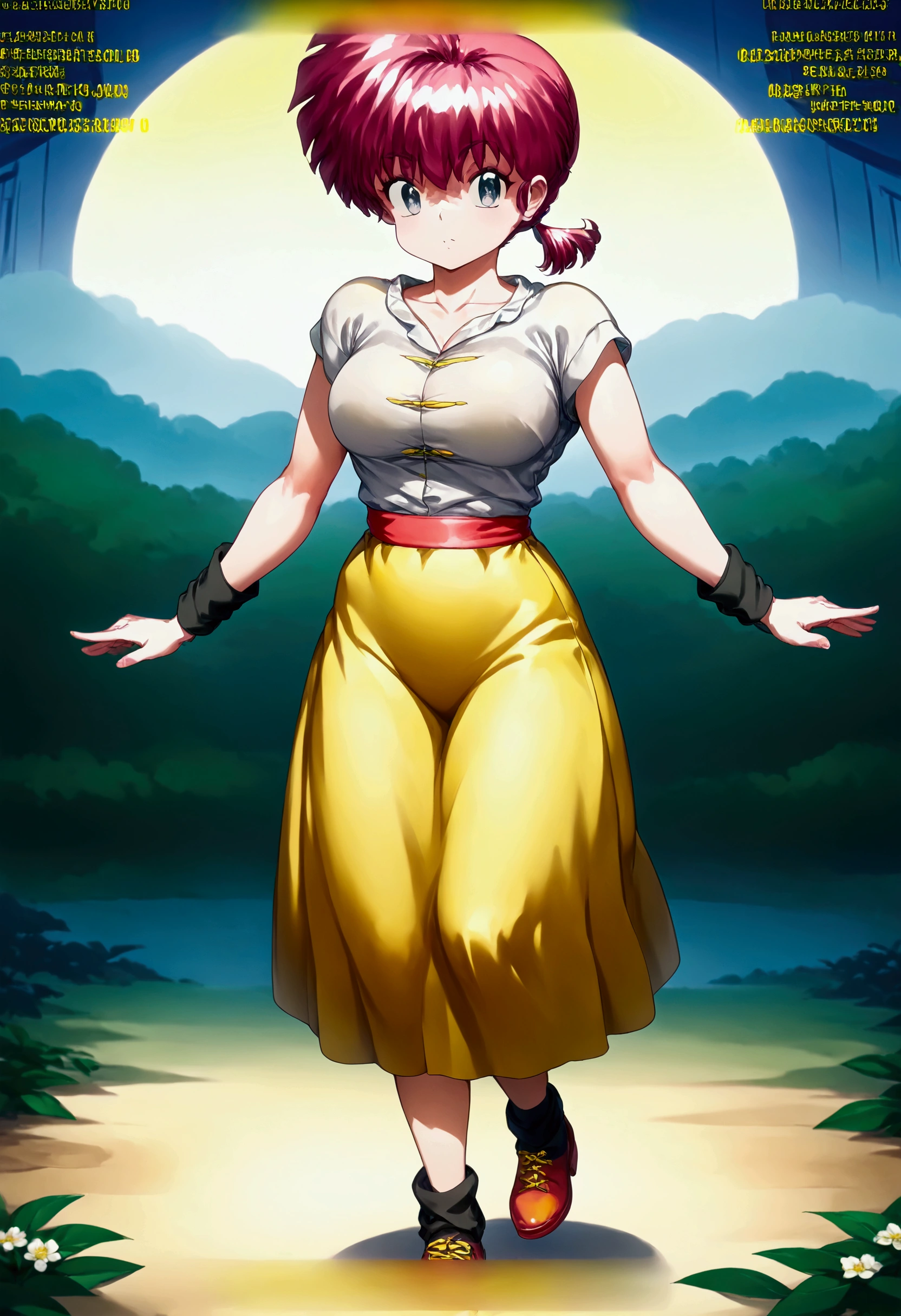 Using the female Saotome Ranma prototype, Make a colorful girl,Clear contours, Colorful full body photos, (Beautiful and delicate eyes), (pretty face:1.3), childish face, Red short hair with single ponytail, (Bangs), bumpy Bangs, blue gray eyes，Large Breasts，Full body image, (Bangs), bumpy Bangs, blue gray eyes, big eyes，Fitted white long-sleeved shirt(Fine florals and lace),Yellow high waist printed long skirt(actual:1.2),(Large broken flowers), (actual:1.7),Face the camera head-on，Bend one foot slightly against the calf of the other leg，Make a Y gesture with your hands。