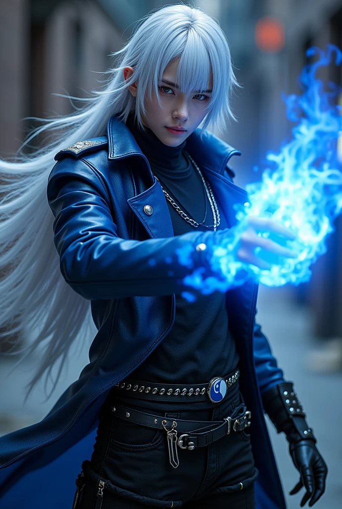 Male age 25, latin-greman, smile, gray eyes, white hair visual kei, deep evil and cute eyes, long crazy smile, mixed royal blue and black on the leather matrix gabardine open, soft black shirt, black cargo pants, only right arm on blue flames, cyberpunk style, belt with a blue ying yang, chains around the belt, athletic, magic powers, action, cunning look, leather black boots with metal pins, black cat nails, attack crazy pose, night background, uncovered head