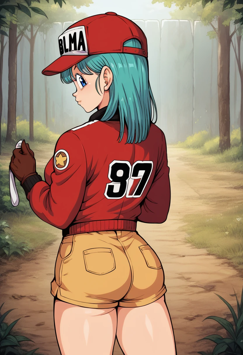 score_9, score_8_up, score_7_up, BREAK, score_9, bulma \(dragonball\), aqua hair, blue eyes, bangs, gloves, collarbone, jacket, shorts, eyelashes, straight hair, clothes writing, red jacket, brown gloves, zipper, brown shorts, baseball cap, fringe_trim, hat writing, looking at viewer, cowboy shot, ass, from behind, forest