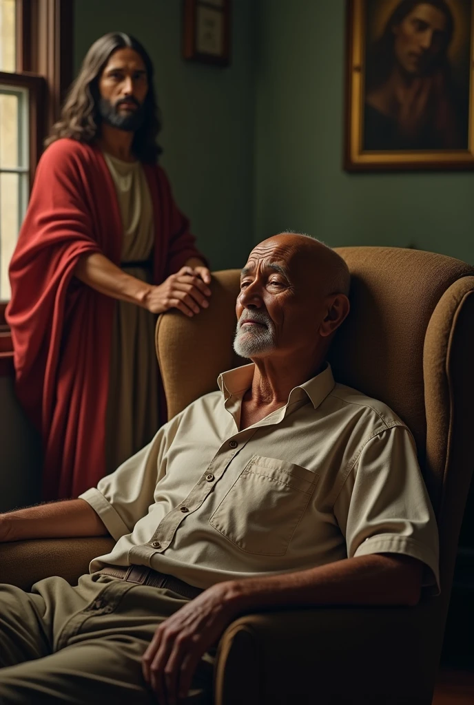 Super realistic images in high resolution. An Indonesian man, 60 years old, totally bald no hair at all, clear face, slim body, wearing casual, laying on a long chair, dying in peace. Lord Jesus Christ in classic red as well known by christian, standing appears him with softly touch. Location: house room.