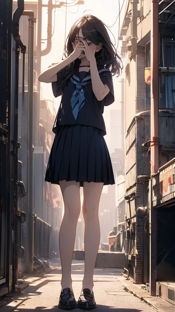 summer、empty classroom、thick、Sweat、、high school girl、Low length、(((((Eyes hidden by long bangs)))))、(((Long black hair:1.2 hair band)))(((Black-rimmed glasses:1.2 black eye)))、Backlight、evening、Nostalgic atmosphere、Look at this、High position、Full Body Shot、glamorous、Checked mini skirt、Navy knit vest、loafers、Skirt flip、Showing sexy panties、(Flip up your skirt with both hands)、avert your eyes、Plump thighs、Thin pubic hair、(((Front view))), Beautiful details, 16K, Absurd, masterpiece, Very detailed, beautiful girl,