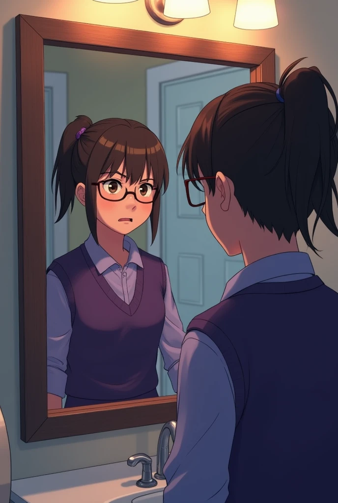 I need a brown-haired boy with glasses, purple button-down shirt and a purple vest in a bathroom looking in the mirror and in the reflection you see a dark-haired girl with a high ponytail and a short purple shirt. They both stare at each other with concern. 