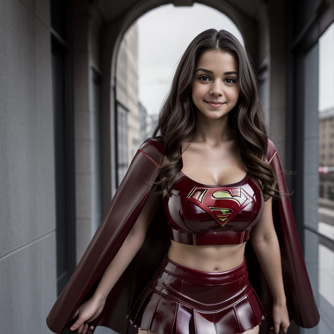 artistic portrait of a (1 girl) thin young teen girl (age13) , breasts large, hair brown, Waist slender, standing, Feeling happy, gorgeous attractive face, wearing a sexy red latex Supergirl crop top, latex skirt, latex boots, and latex cape. Look: canon 50 mm, full body, analog style. cleavage. Slightly Exposed breasts.