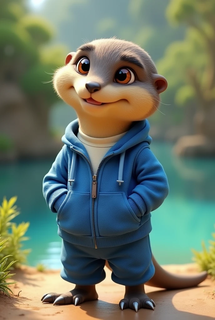 Create an animated platypus with a uniform that has blue pants, blue sweatshirt and white t-shirt