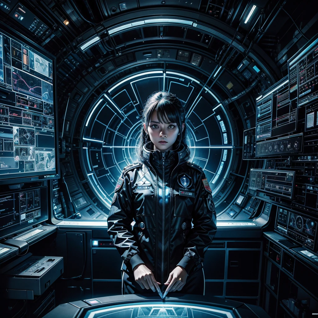 
a woman in an ordinary futuristic uniform analyzes, via a holographic screen, some alien technological components, in the background the interior of an alien spaceship with strange alien symbols,hyper-realistic, hyper-detailed, photo-realistic 