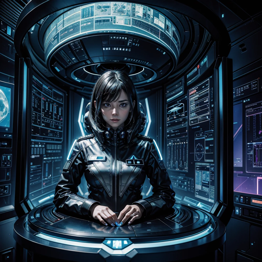 a woman in an ordinary futuristic uniform analyzes, via a holographic screen, some alien technological components, in the background the interior of an alien spaceship with strange alien symbols,hyper-realistic, hyper-detailed, photo-realistic