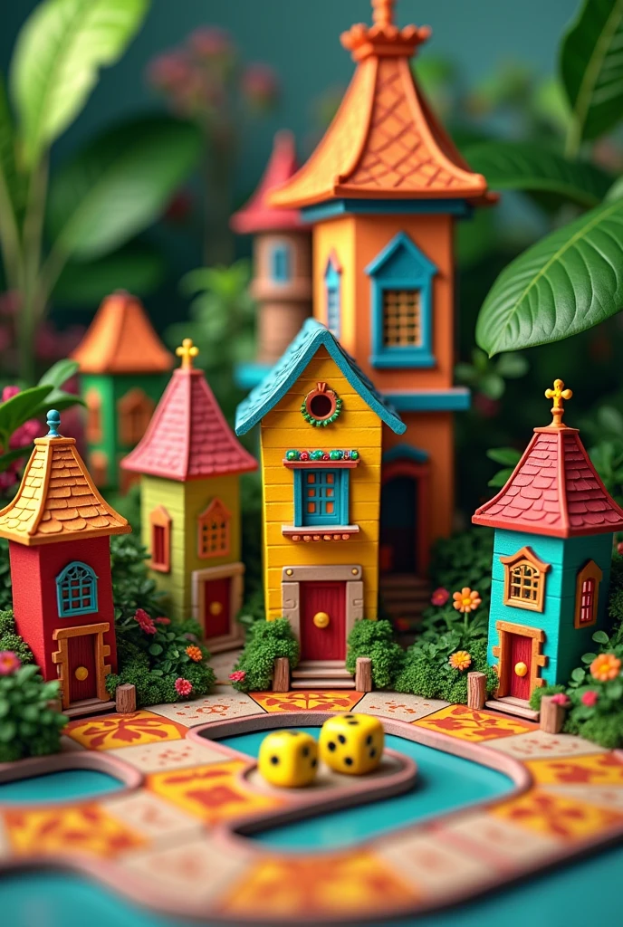 a game board with dice and 30 little houses with a Brazilian theme