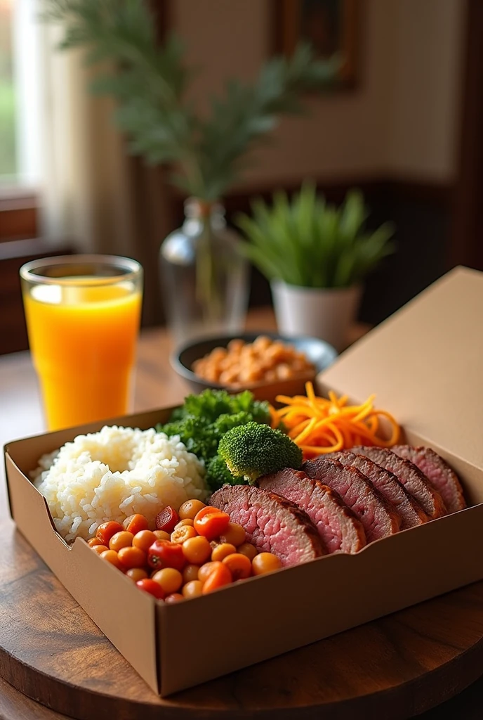 Home cooking restaurant , showing the lunch box with rice, bean, legumes, salads, roast beef and glass of orange juice
