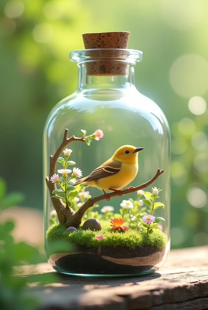 "A miniature landscape inside a glass bottle, depicting a serene spring scene with a beautiful, lovable bird perched on a branch. The landscape features a small forest with lush greenery and flowers, all crafted with a 3D effect for added depth. The natural color scheme captures the essence of spring, with vibrant greens and soft pastels. Natural light filters through the bottle, creating a panoramic composition with a blurred foreground, adding to the sense of depth and realism. The scene is highly detailed in HD 8k resolution, showcasing the intricate details of the bird, foliage, and bottle."