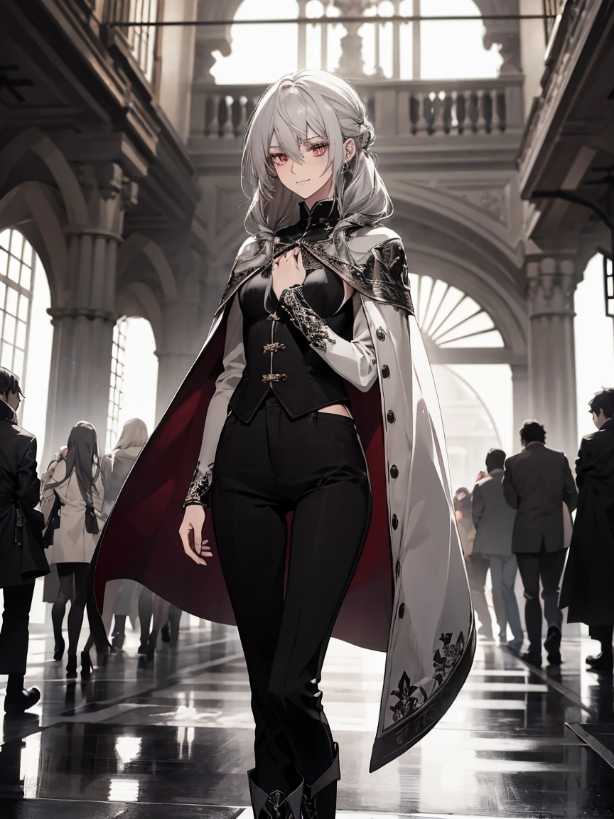 (Confused, High resolution, Very detailed), 1 female, Silver Hair,Long Hair,Knot,Hair tied at the nape,Crimson Eyes,Black and white clothes,27th generation,beauty,mature,thin,quiet,Small smile,Cape,Slender and thin,boots,skinny pants,lobby,Small breasts,