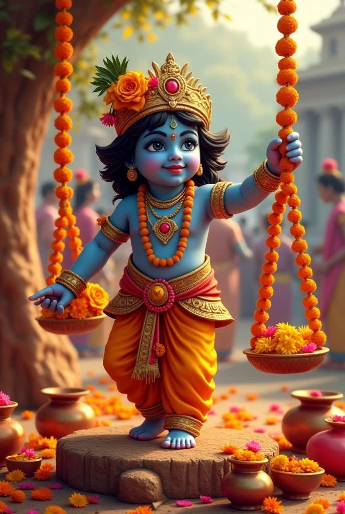 Here’s a prompt you can use to generate an image for wishing a happy Janmashtami:
"Create a vibrant and festive image celebrating Janmashtami. The scene should include a beautifully decorated idol of Lord Krishna as a child (Bal Krishna), adorned with traditional garments and jewelry. Surround him with colorful flowers, butter pots, and a swing decorated with marigold garlands. The background should feature a traditional Indian temple or a village setting with people joyfully celebrating the festival. Include the text 'Happy Janmashtami' in an elegant, golden font, blending seamlessly with the festive atmosphere."