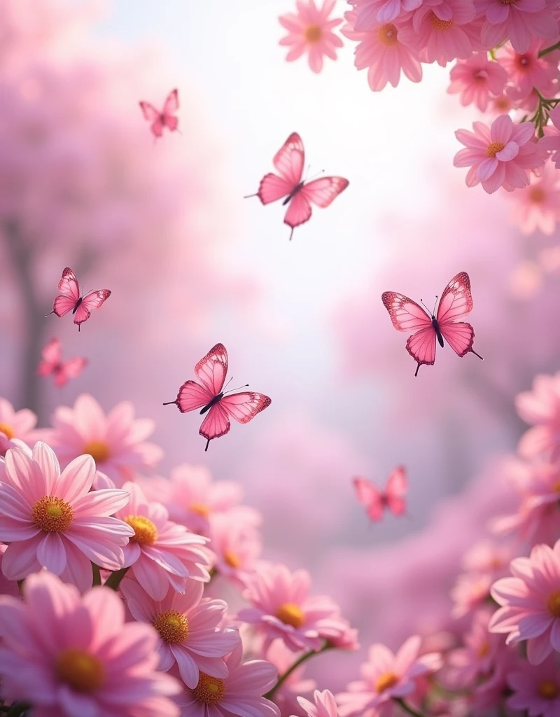 enchanted garden background, pink and light lilac butterflies of different sizes and colors flying, a variety of pink flowers and pink colors, predominantly pink. Cheerful, inviting, delicate, 3d image, fluttering butterflies, landscape orientation